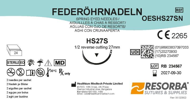 Голки хірургічні діаметром 1 мм, ріжучі зворотні окружність 1/2, довжиною 27 мм